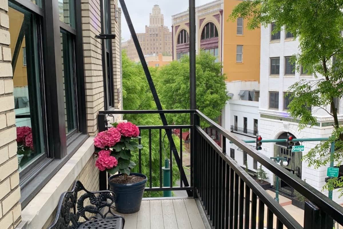 Front balcony overlooking historic downtown Hot Springs
