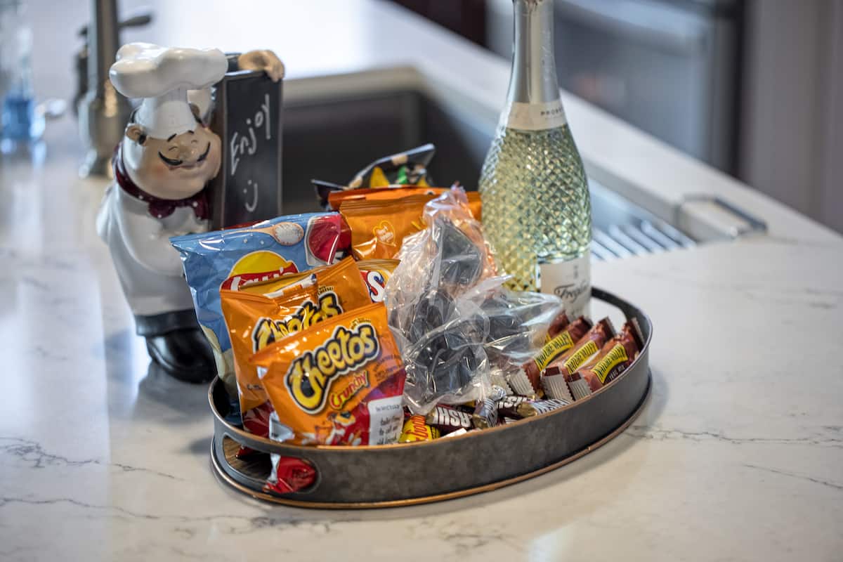 Welcome snacks arranged on the kitchen counter