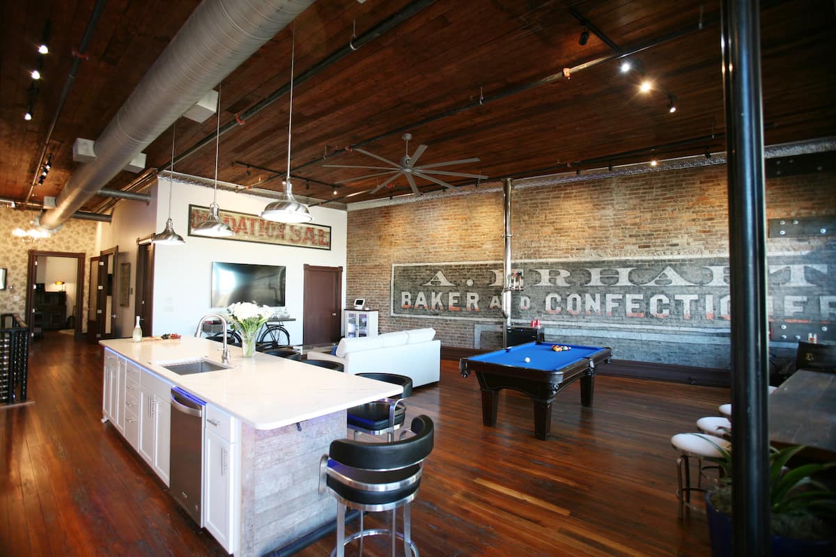 Kitchen and pool table viewed from the loft windows